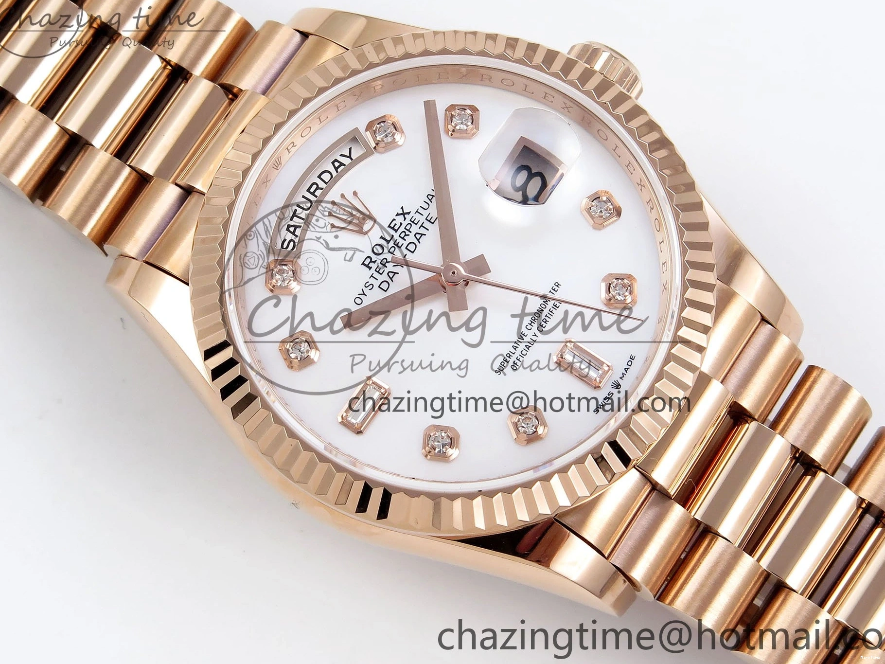 MiroTime 0209 OdorResistant Day Date 36 RG TWSF Best Edition White Diamonds Dial on RG Bracelet A 1610